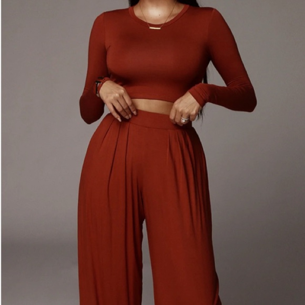 JLUXLABEL Brown Wide Leg Co-Ord with Smooth Long Sleeve Top